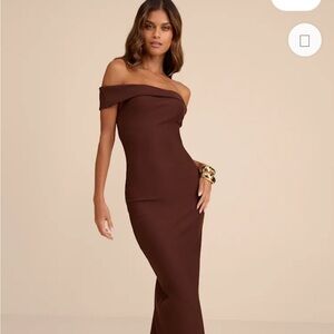 Lulu's Chic Chocolate Off-Shoulder Dress